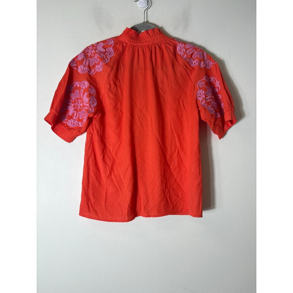 THML Orange With Pink Embroidery Short Sleeve Blouse Sz S - Picture 3 of 3